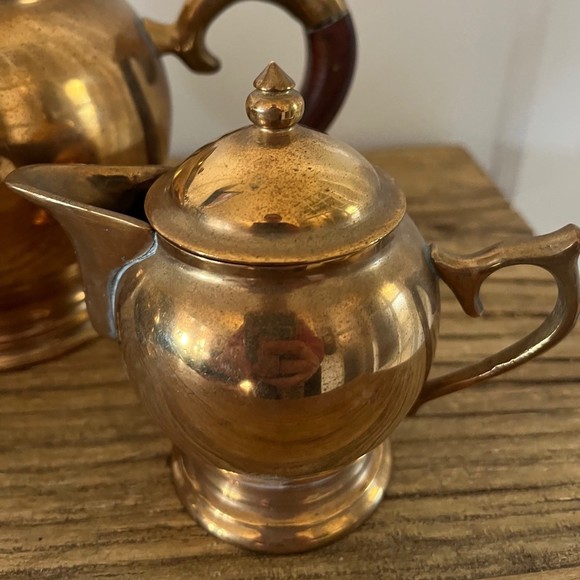 Vintage 3 Piece Taiwan Brass with Wooden Handle Hollywood Regency Tea Set - Picture 4 of 12